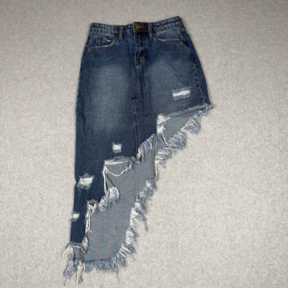 Fashion Nova S Distressed Asymmetrical Denim Skirt Blue Punk Edgy Streetwear